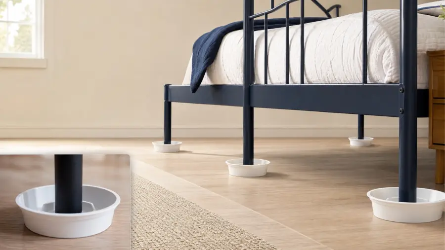 White bed bug interceptor cups under the legs of a black metal bed frame.